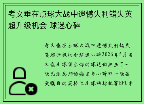 考文垂在点球大战中遗憾失利错失英超升级机会 球迷心碎